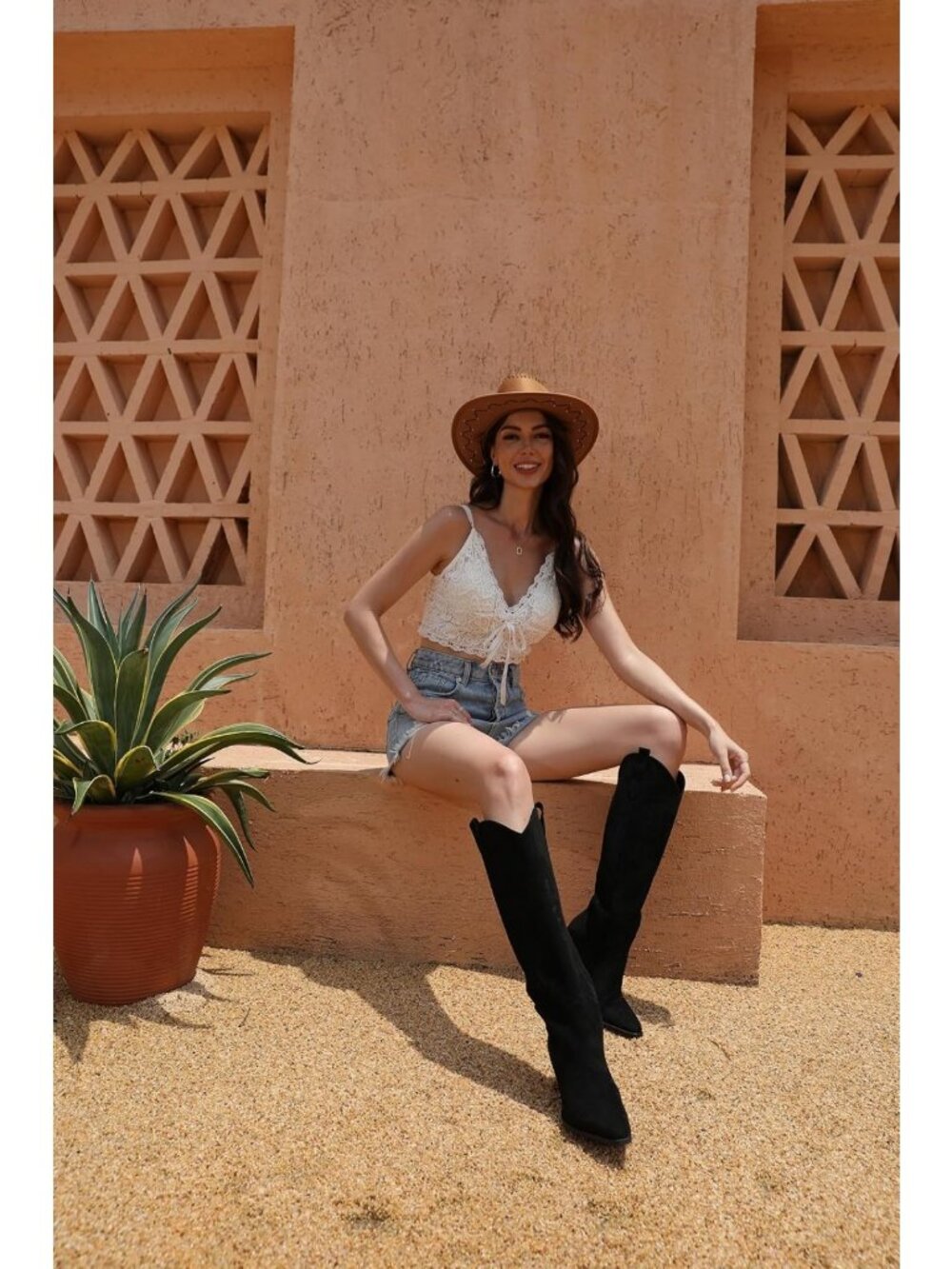 Knee High Cowgirl Boots for Women - Pointed Toe, Block Heel, Embroidered Suede - Picture 7 of 8